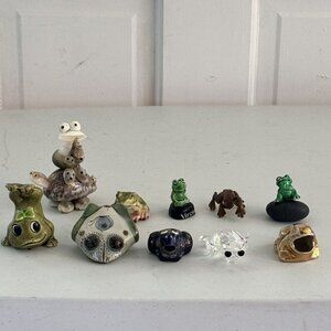 Vintage 12 Frog Figurines Set Neil, Mexico, Swarovski, Gold Gilt Toothpick, Russ